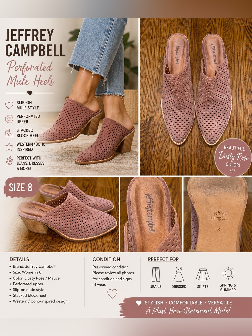Jeffrey Campbell Perforated Suede Mule Heels Size 8 Dusty Rose